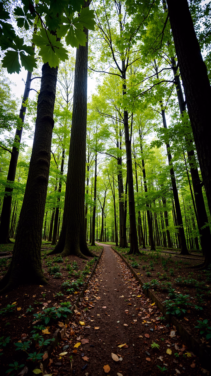 A tranquil forest pathway surrounded by tall trees and vibrant greenery.
