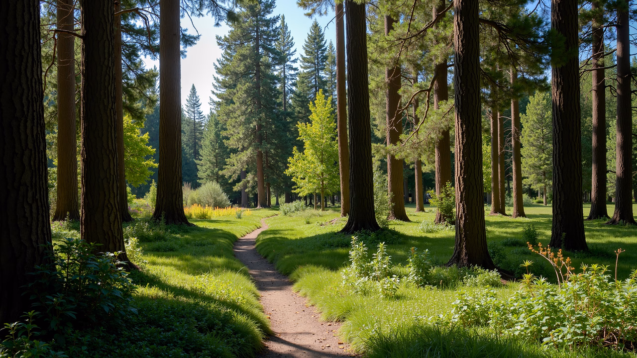 A peaceful forest path surrounded by tall trees and lush greenery.