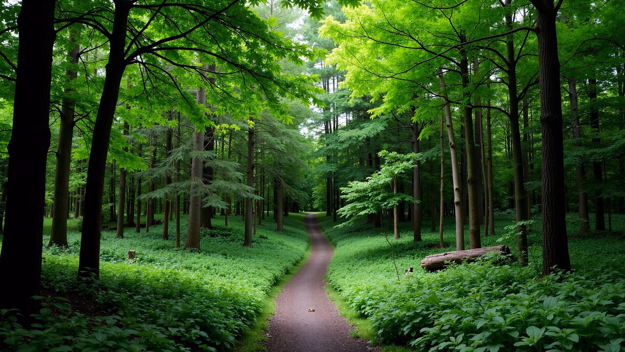 A peaceful forest pathway surrounded by vibrant greenery and dappled sunlight.