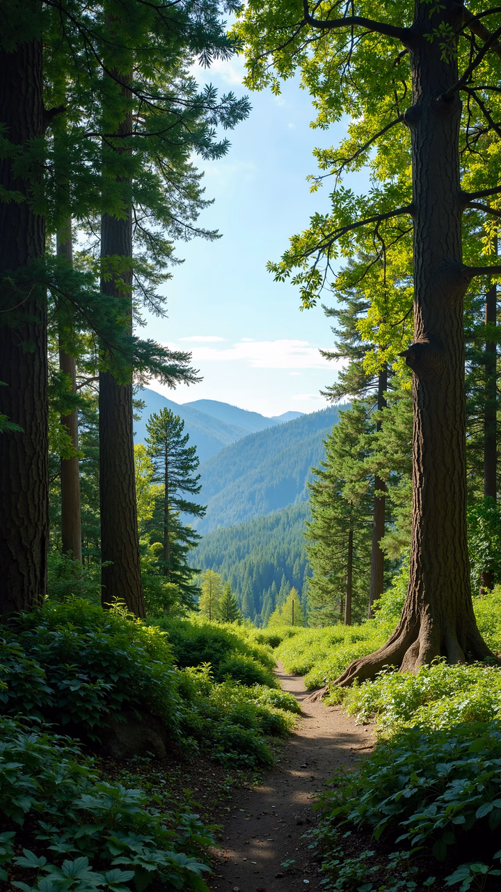 A peaceful forest pathway surrounded by vibrant greenery and distant mountains.
