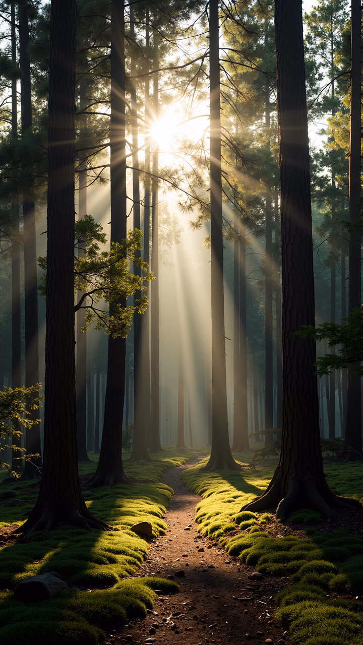 Golden sunlight filters through a forest pathway, creating a tranquil and inviting scene.