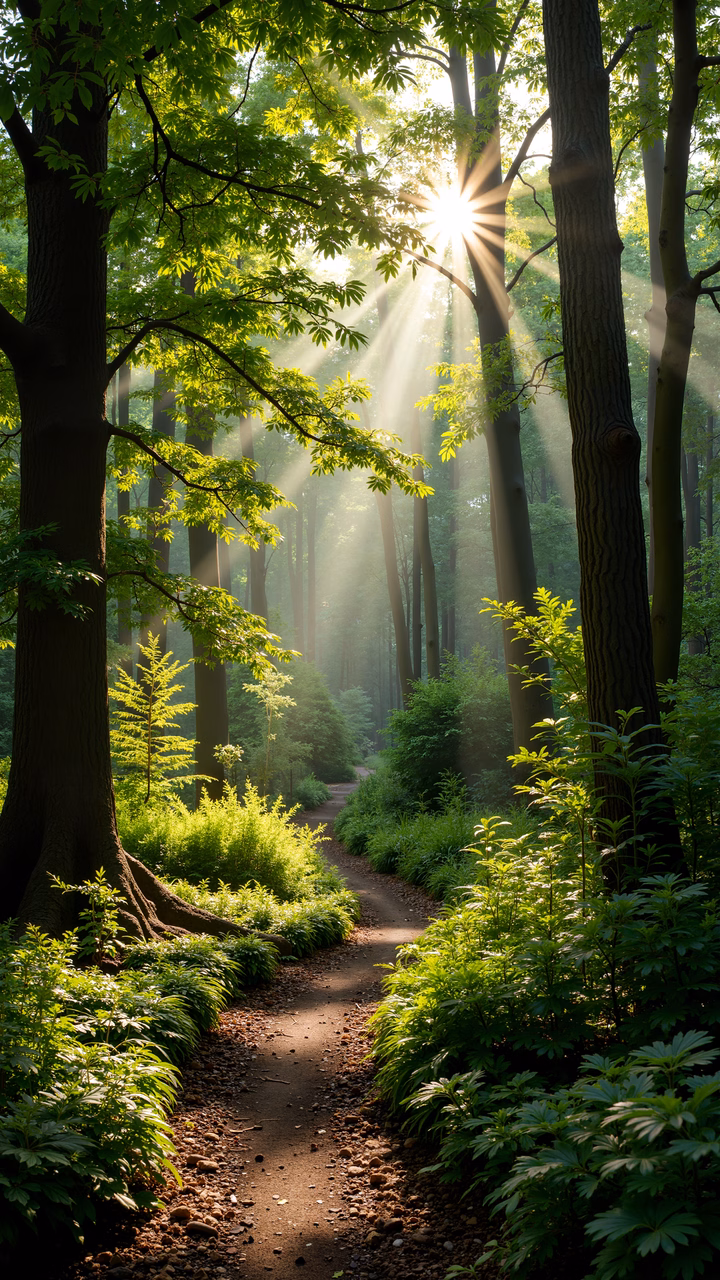 A peaceful forest pathway illuminated by dappled sunlight.