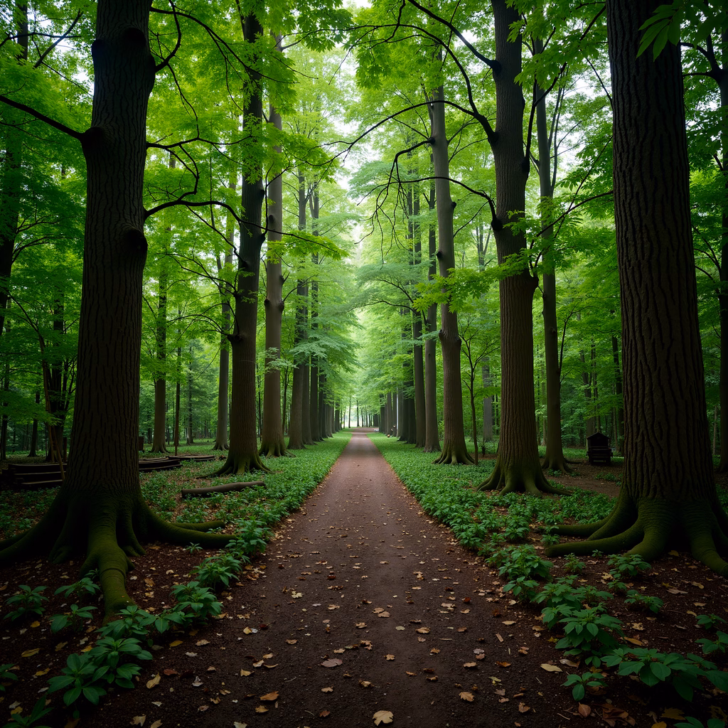 A peaceful forest pathway surrounded by tall trees and vibrant green foliage.