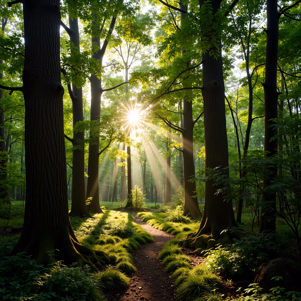 Sunlit forest pathway amidst lush greenery, creating a peaceful natural scene.