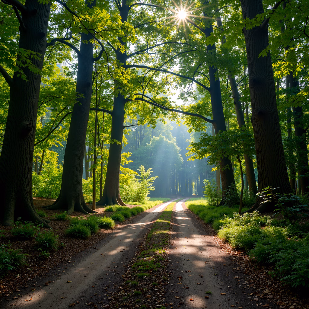 Sunlit forest pathway amidst lush greenery and towering trees.