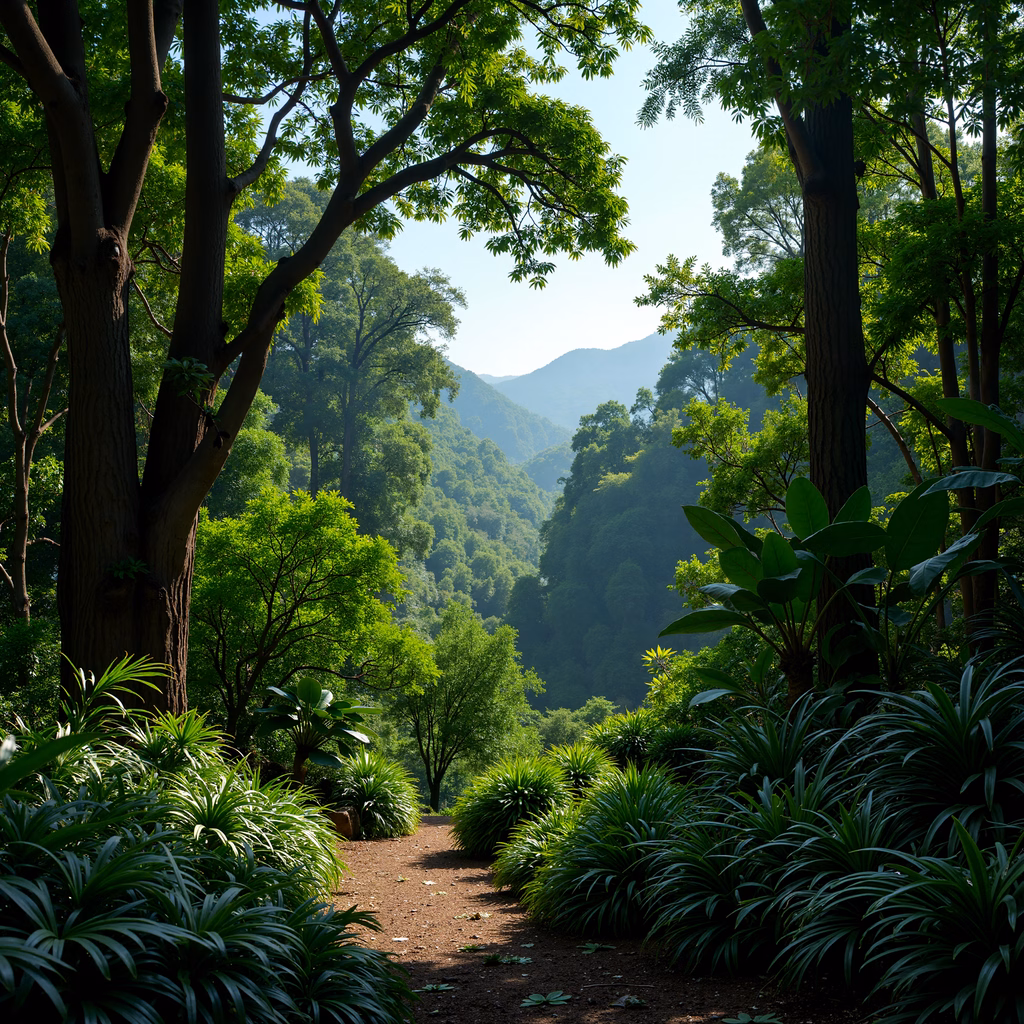 A peaceful forest pathway surrounded by vibrant greenery and dappled sunlight.