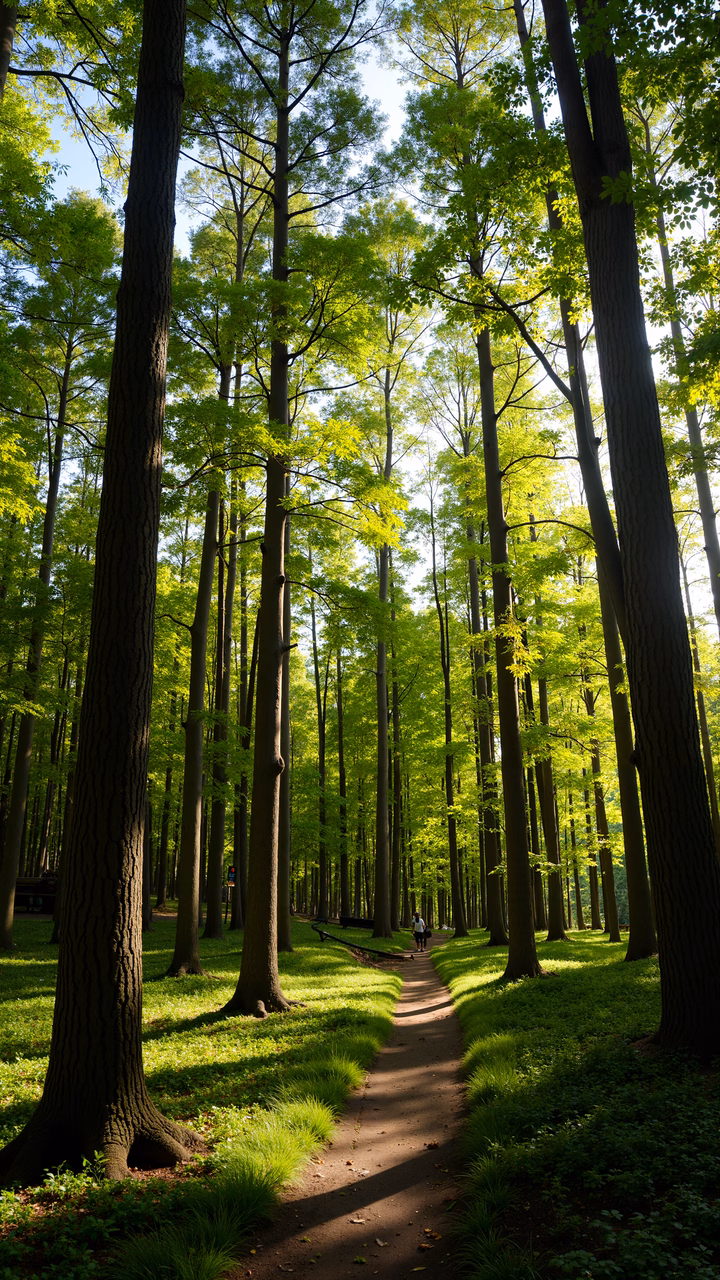 A peaceful forest pathway surrounded by tall trees and vibrant greenery.