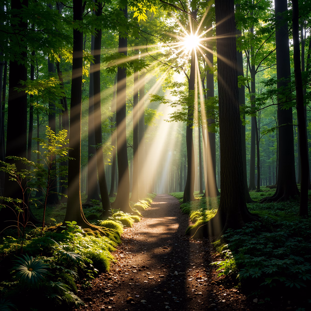 A peaceful forest pathway illuminated by dappled sunlight, showcasing nature's serene beauty.