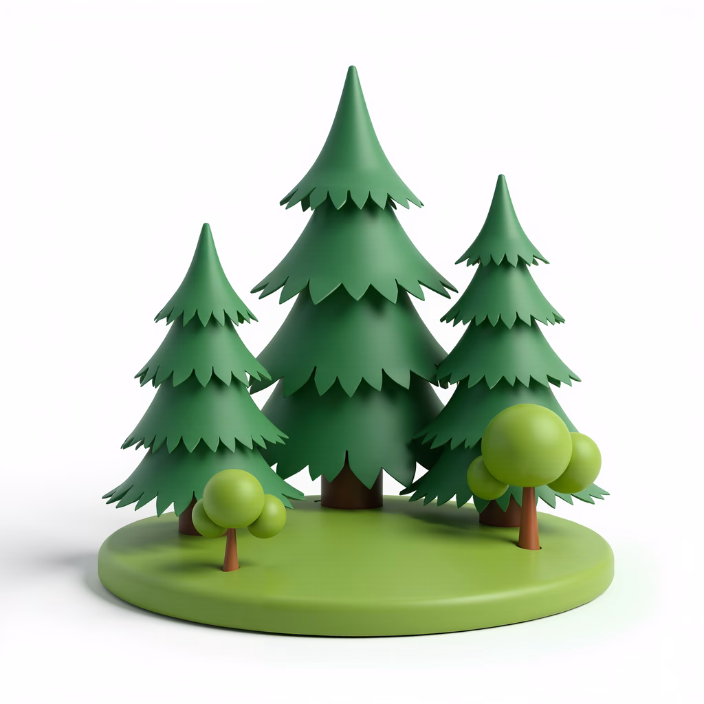 A tranquil forest scene with pine trees and shrubs in a matte green finish.