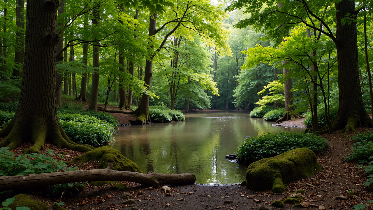 A serene forest scene with lush greenery and reflective water, capturing nature's tranquility.