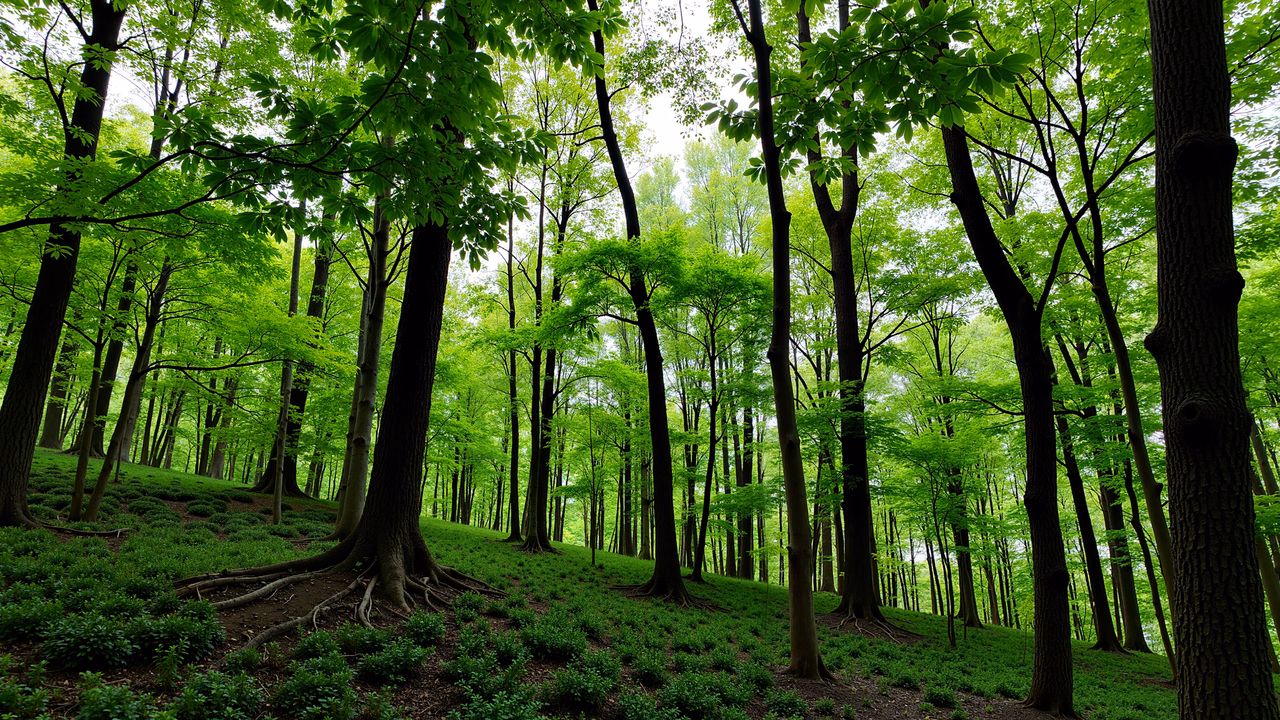 A tranquil forest scene with dappled sunlight and vibrant greenery.