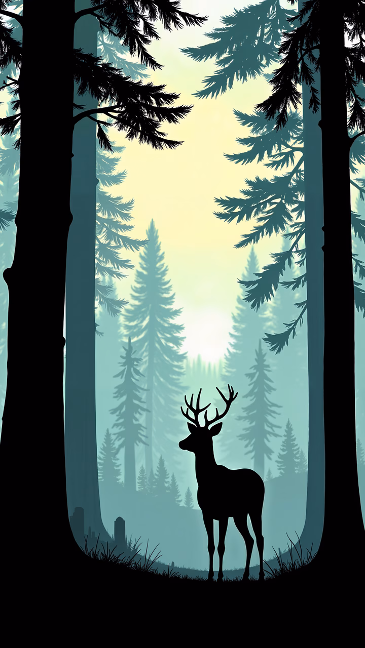 Majestic stag amidst tranquil forest hues, evoking peace and solitude.