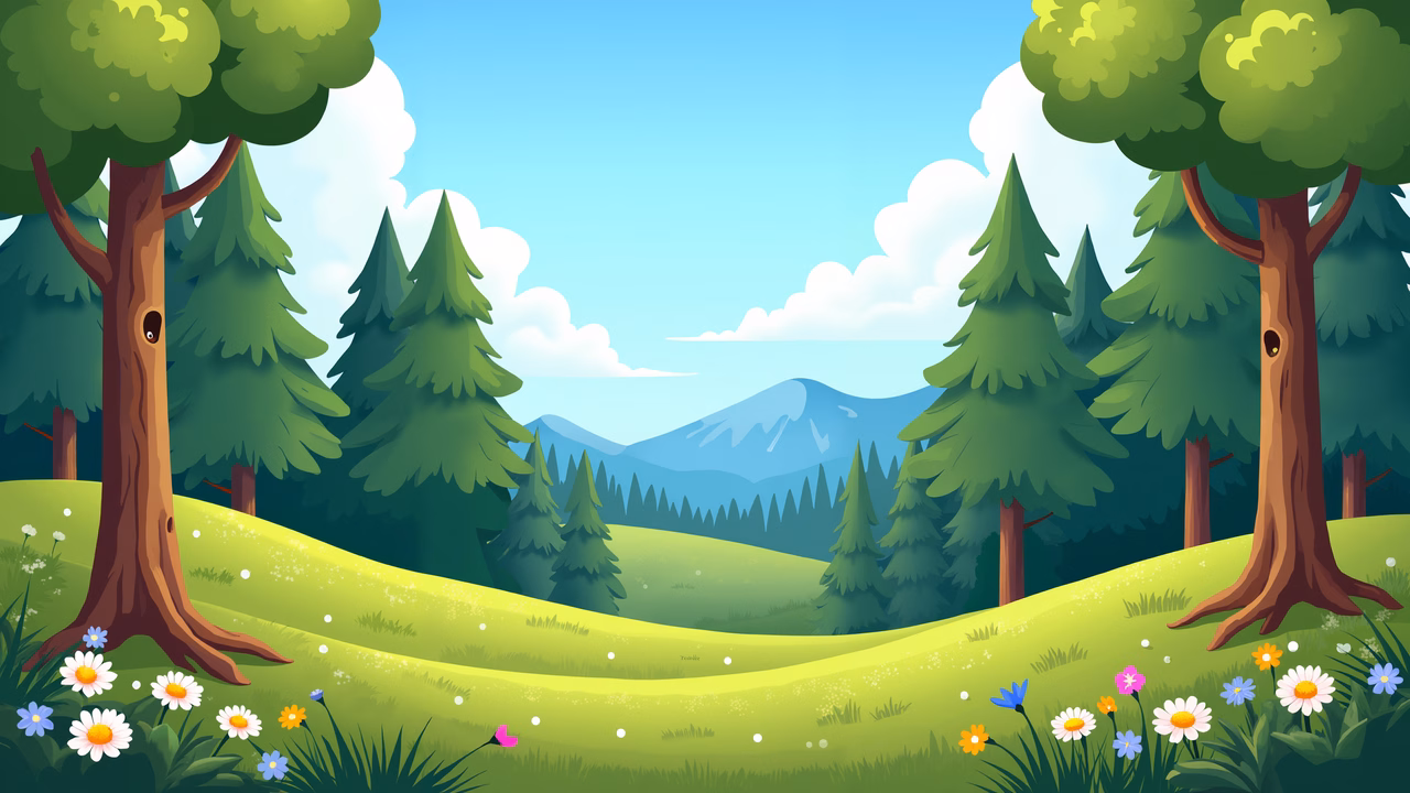 A tranquil forest scene with vibrant colors and rolling hills.
