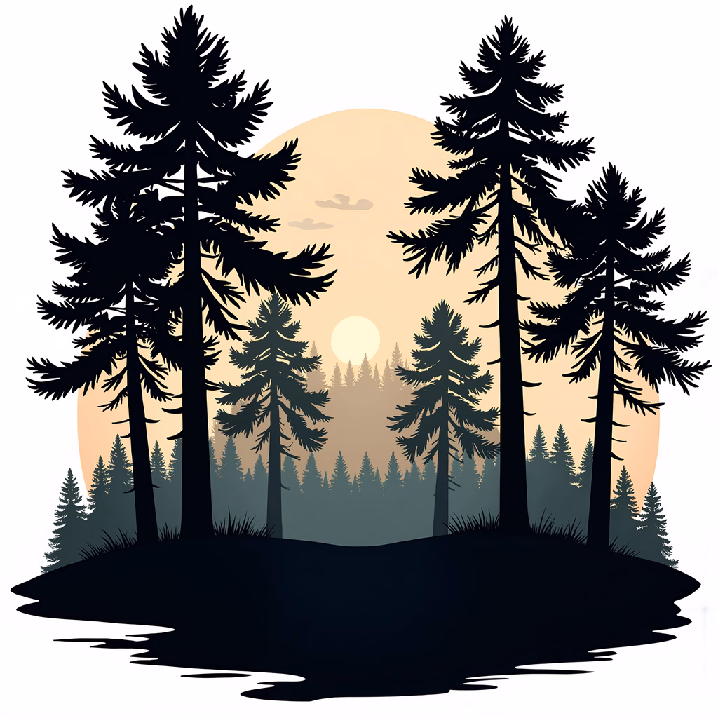 A peaceful forest silhouette with tall pines and a soft sky.