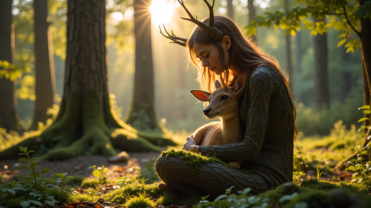 A mystical forest spirit cradles a deer fawn under a warm sunlit canopy.