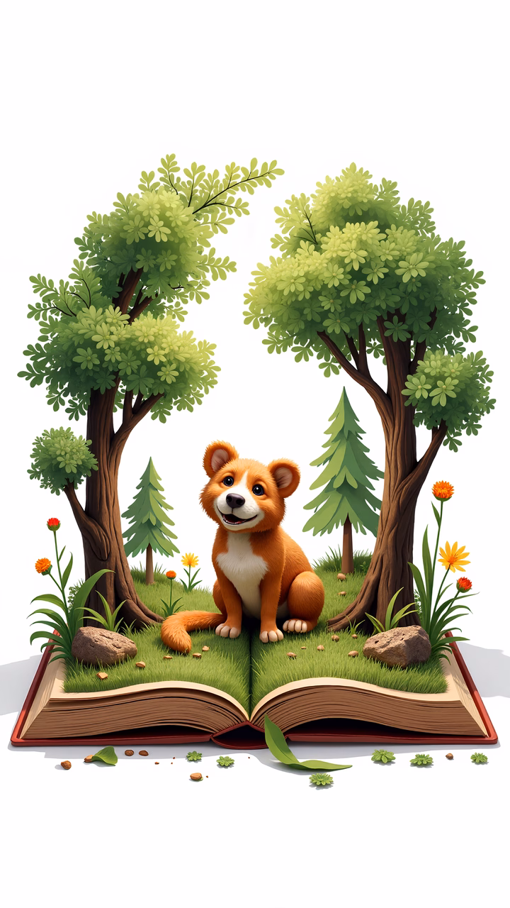 A cute dog sitting on an open book amidst a vibrant forest scene, perfect for a children's storybook cover.