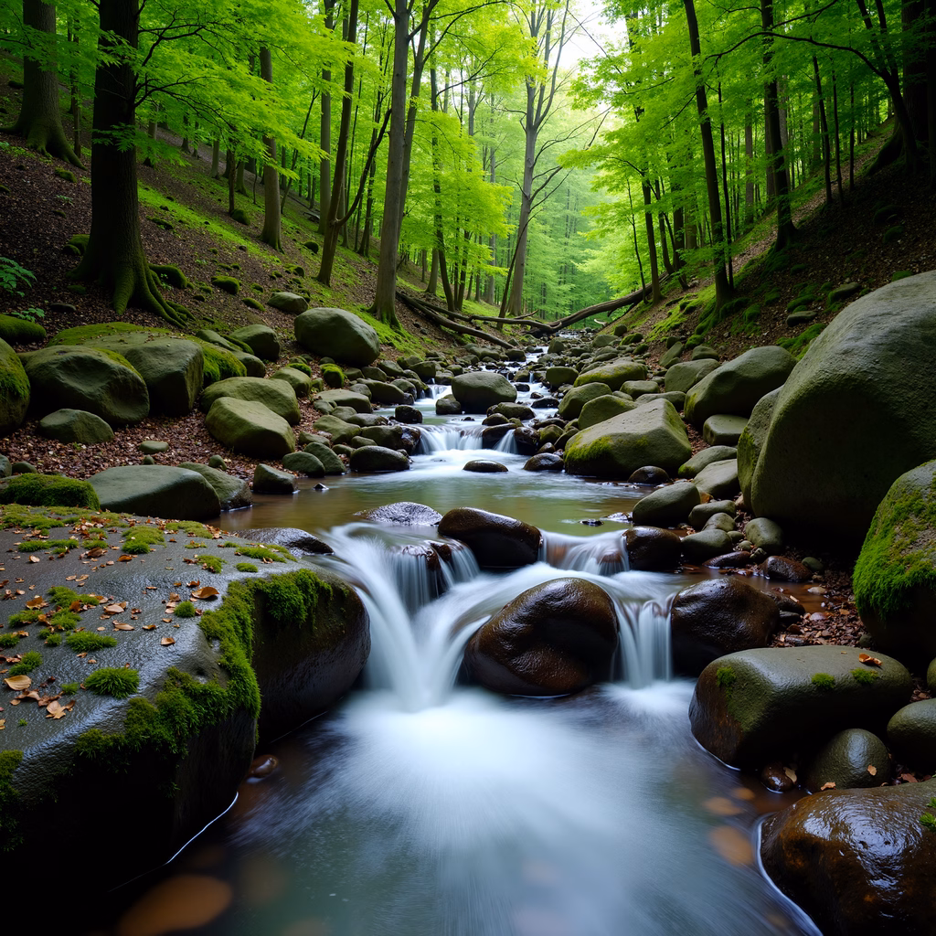 A peaceful forest stream surrounded by vibrant greenery and moss-covered rocks.