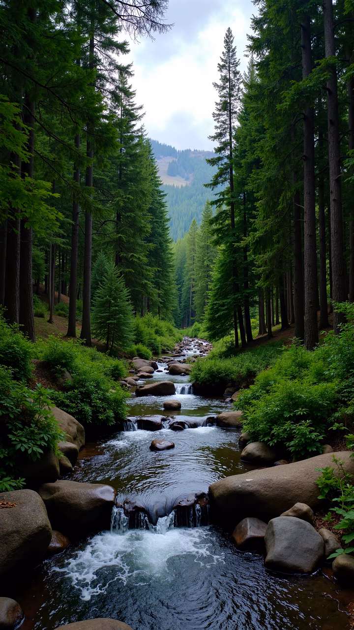 A peaceful forest stream surrounded by lush greenery and tall trees.