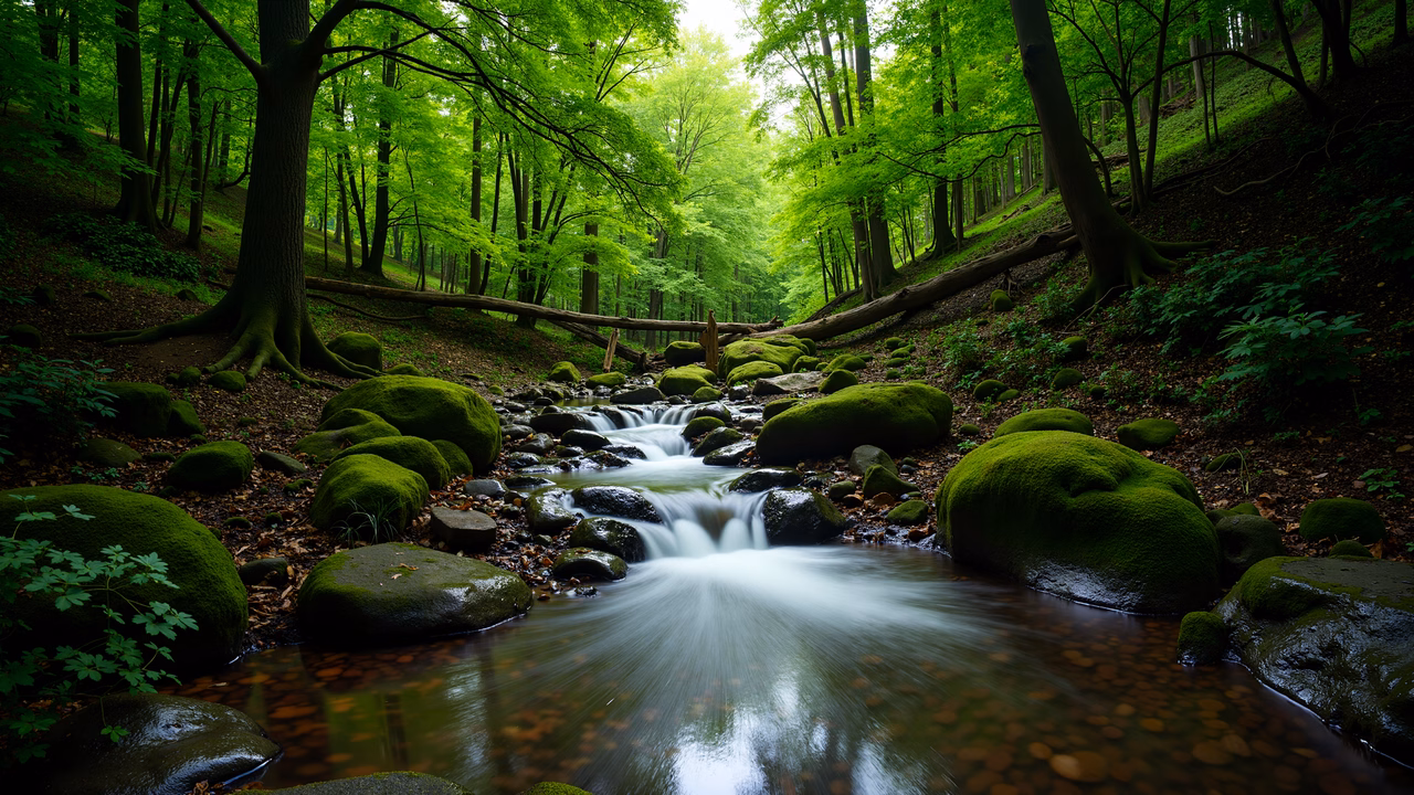 A peaceful forest stream surrounded by vibrant greenery and moss-covered rocks.