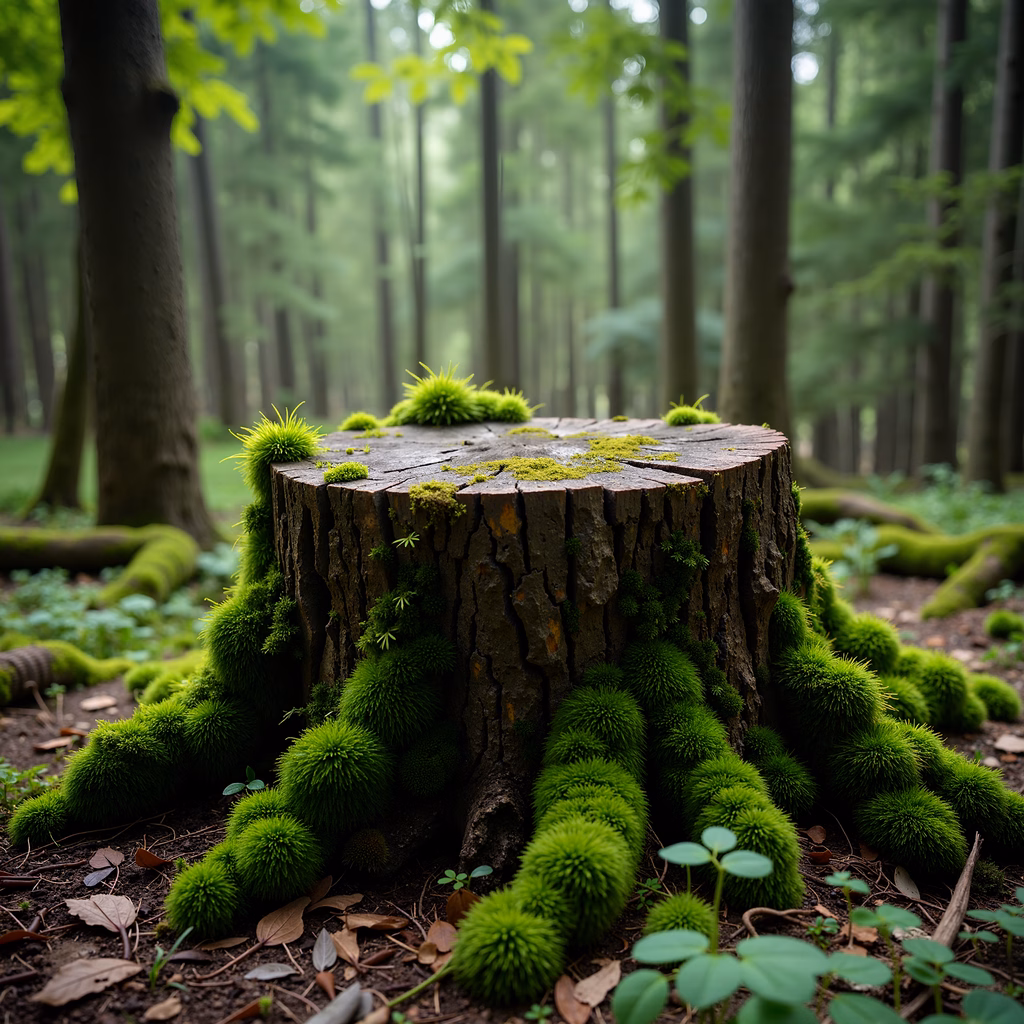 Close-up of a moss-covered tree stump in a lush forest setting.