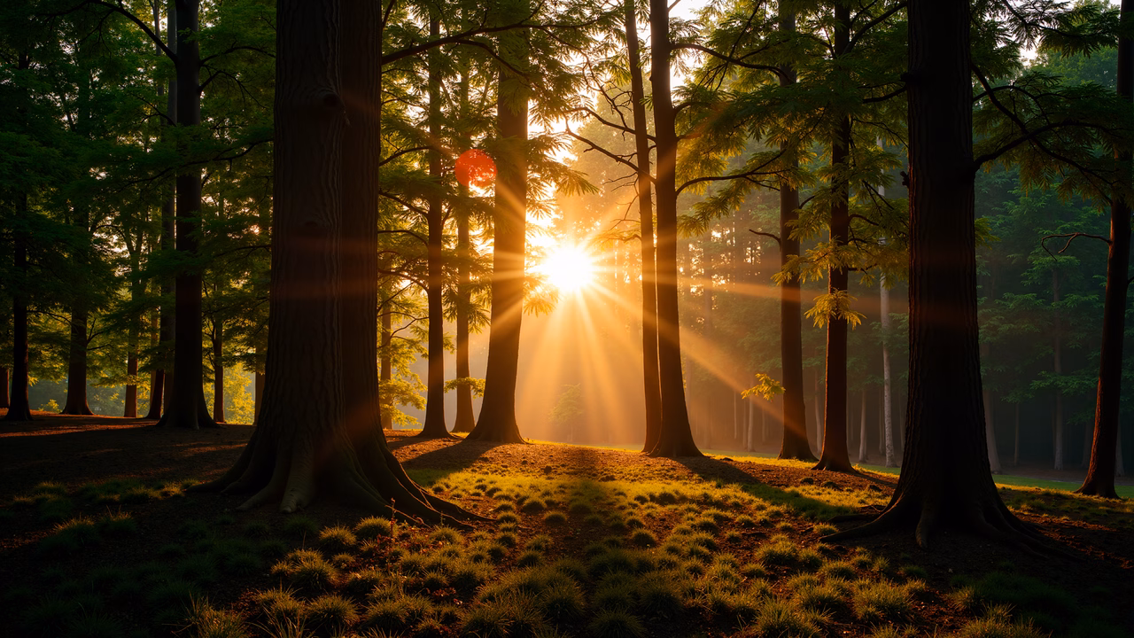 Golden sunlight filters through a dense forest, creating a tranquil and harmonious atmosphere.