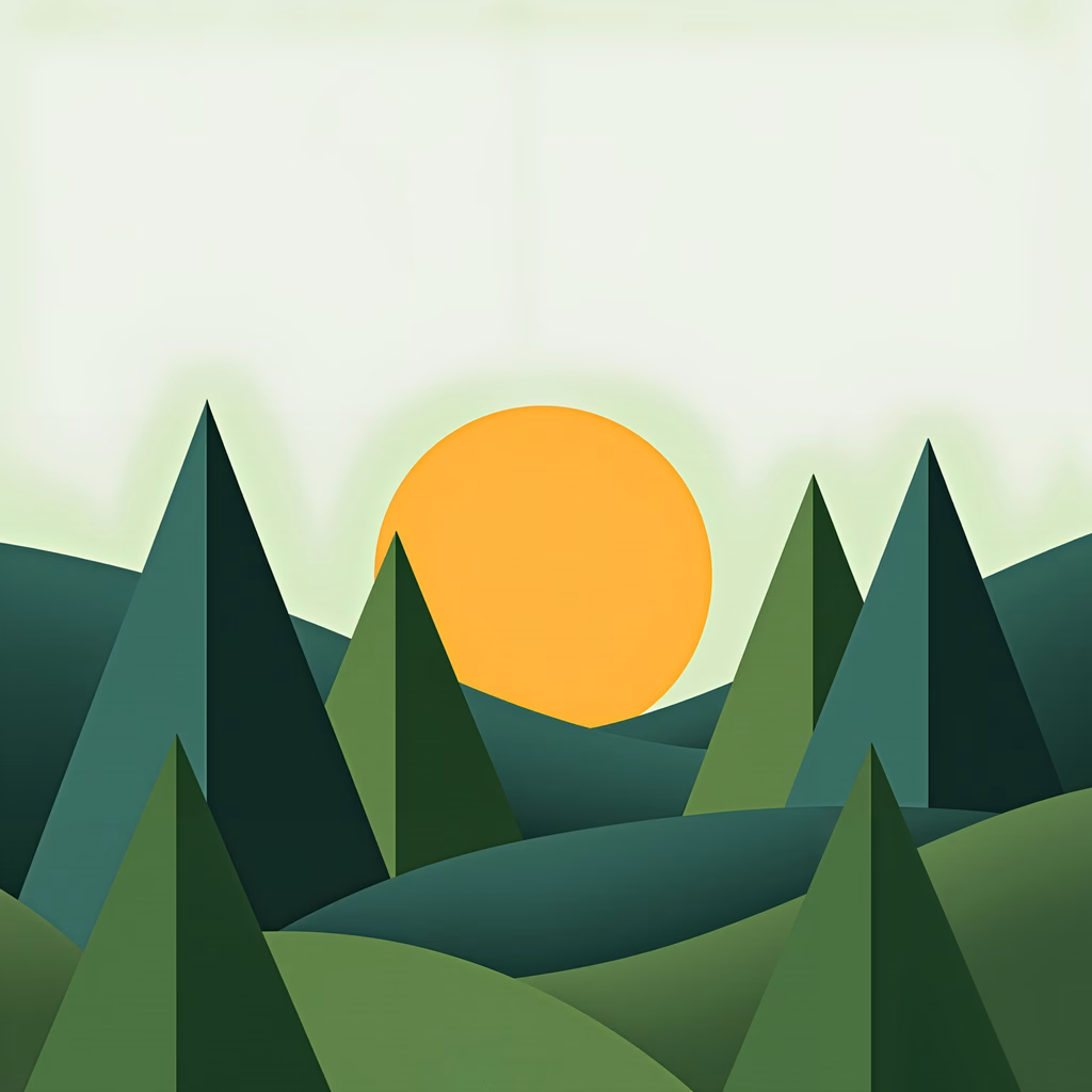Stylized forest sunset with vibrant colors and serene atmosphere.