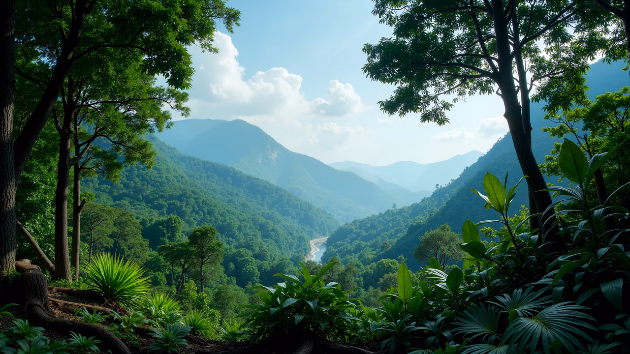 A tranquil forest valley with rolling hills and a winding river.