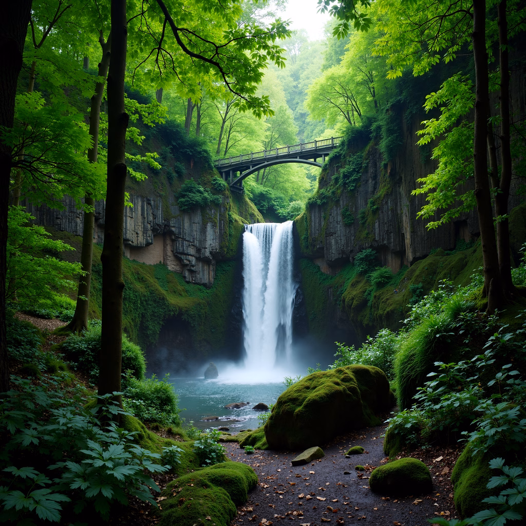 A tranquil forest scene with a waterfall and a bridge.
