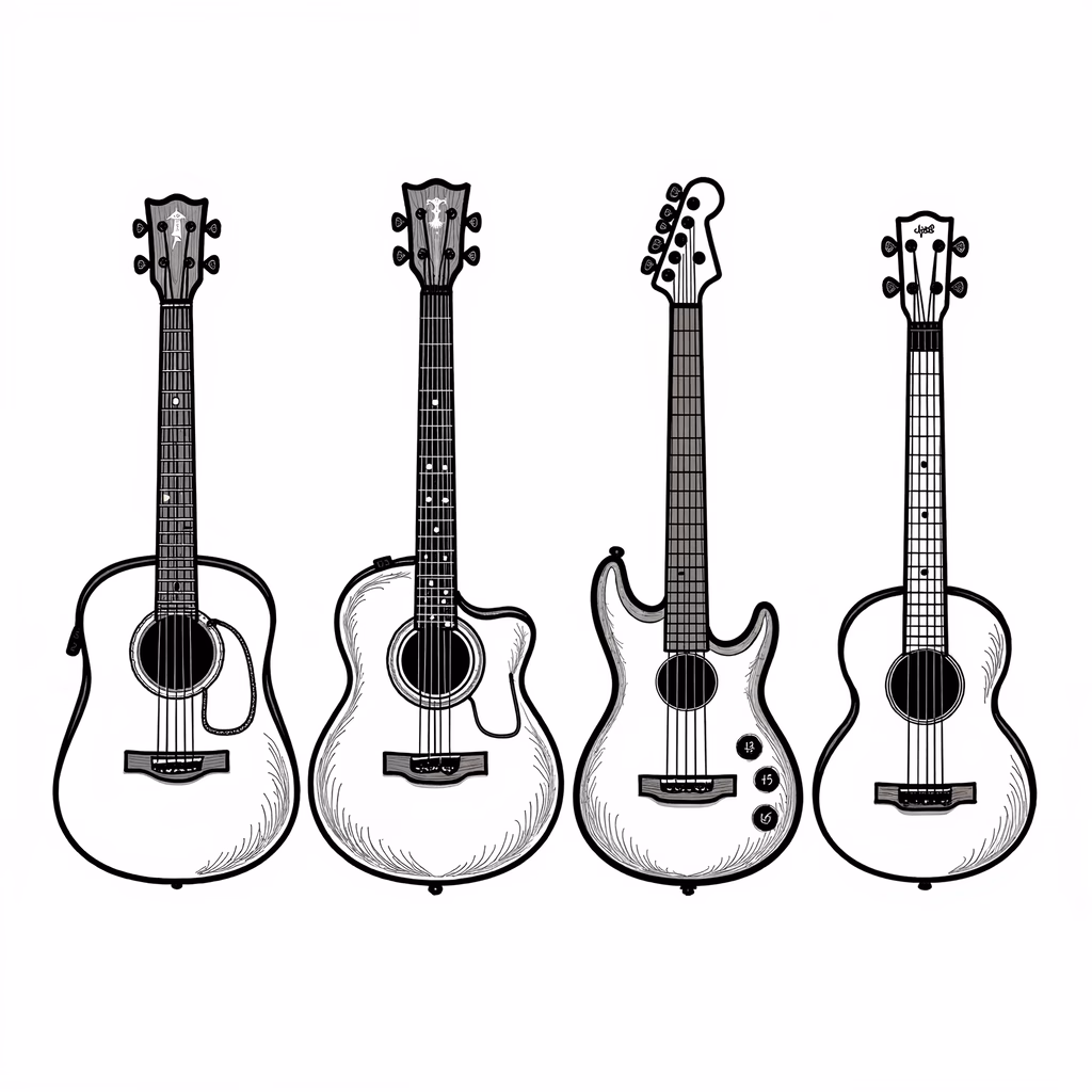 Four detailed guitars in black and white, representing various musical instruments.