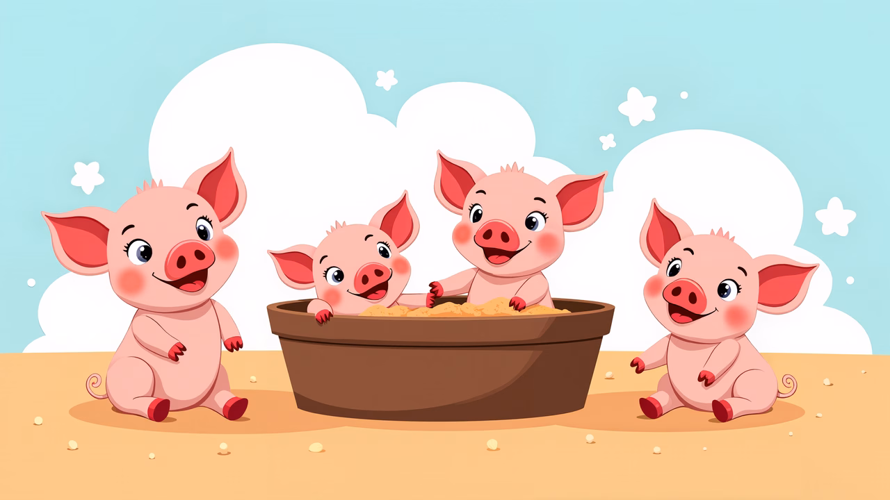 Four cute piglets enjoying playtime in a sandbox under a sunny sky.