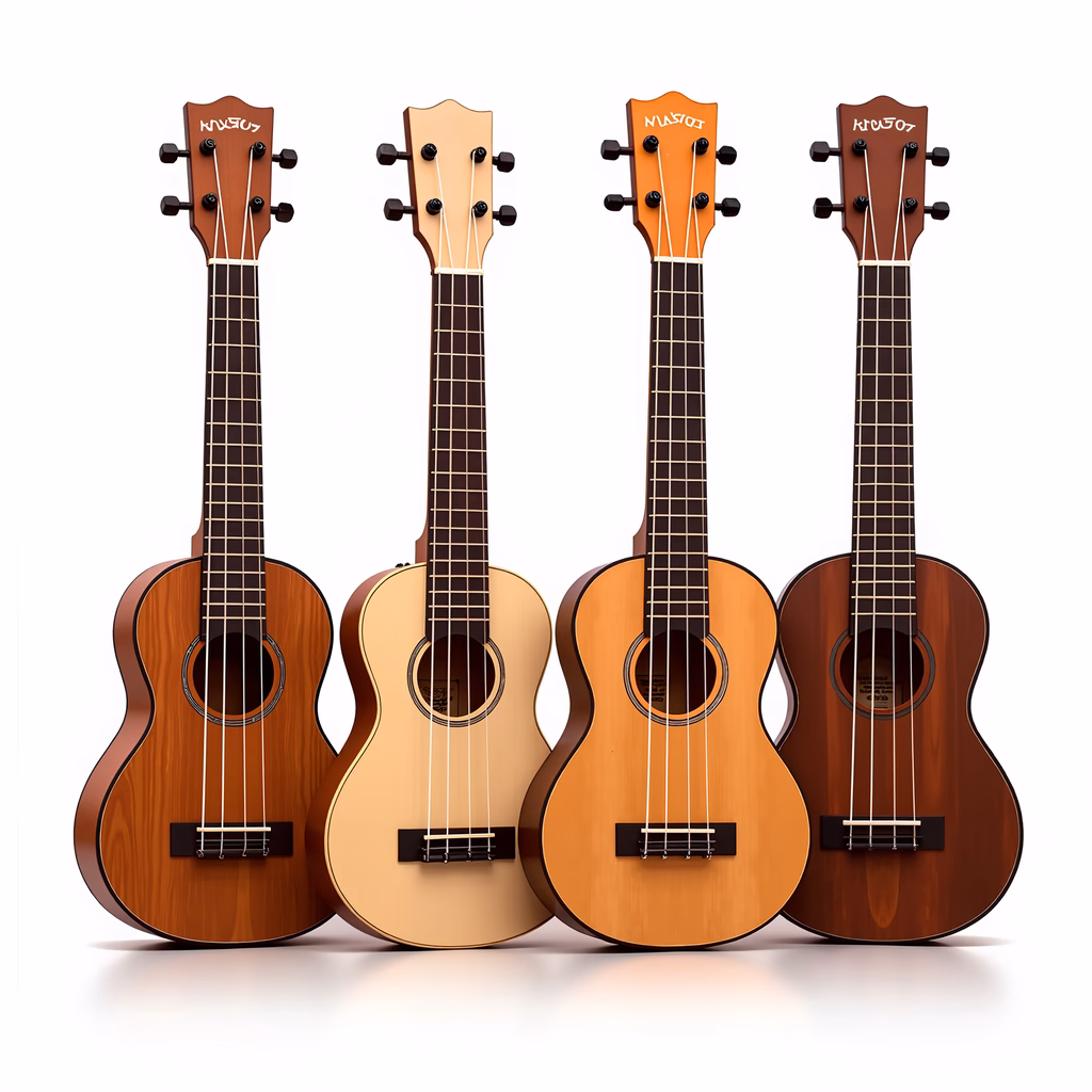 Four ukuleles with different wood tones, arranged neatly.