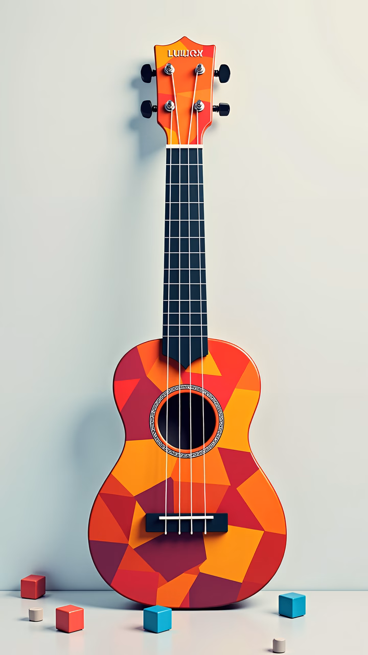 Vibrant geometric ukulele illustration with playful colors and shapes.