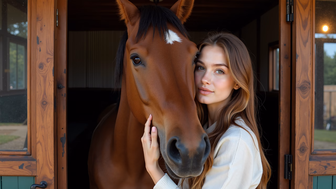 A heartwarming portrait of a girl and her horse in a stable setting.
