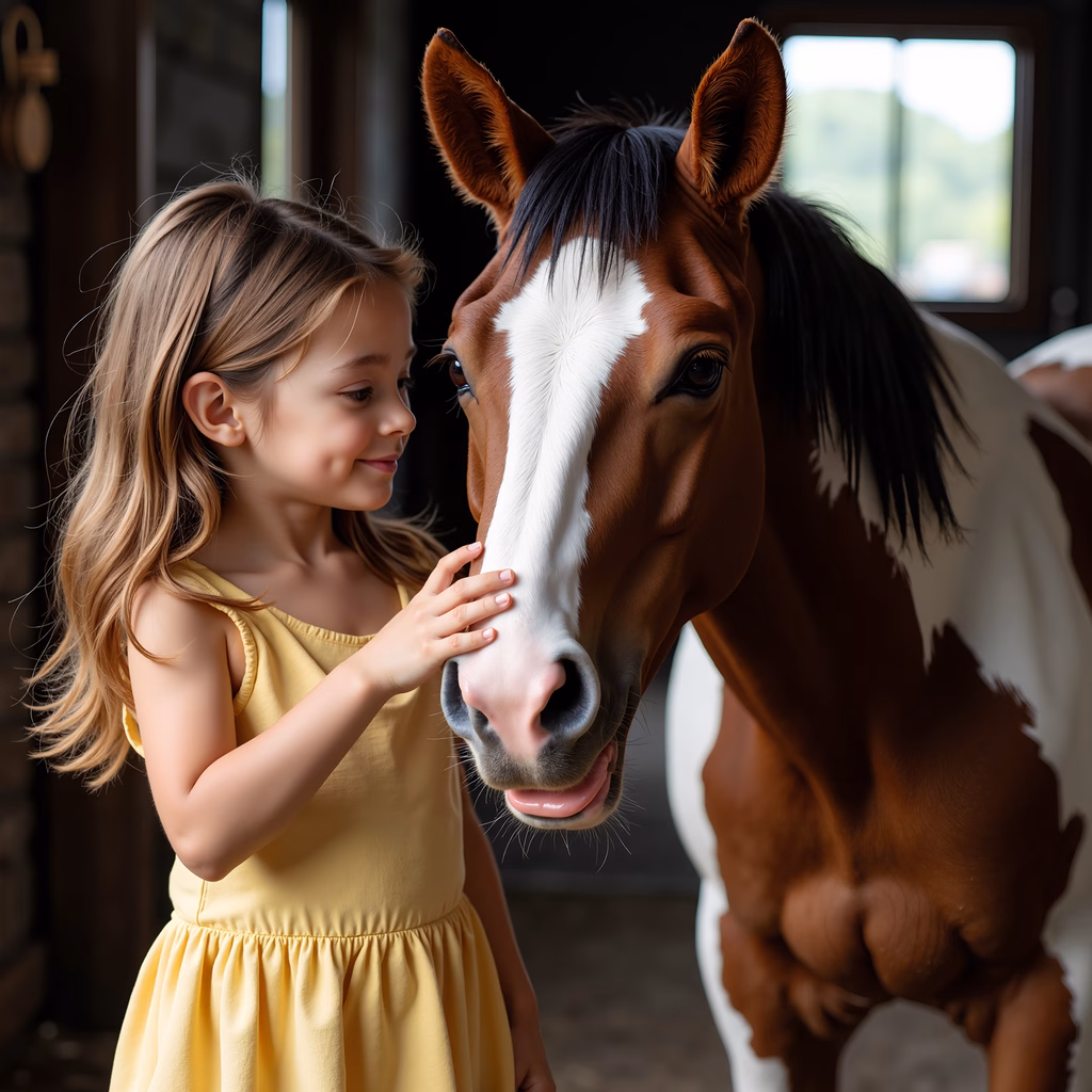 A heartwarming interaction between a child and a horse in a peaceful setting.