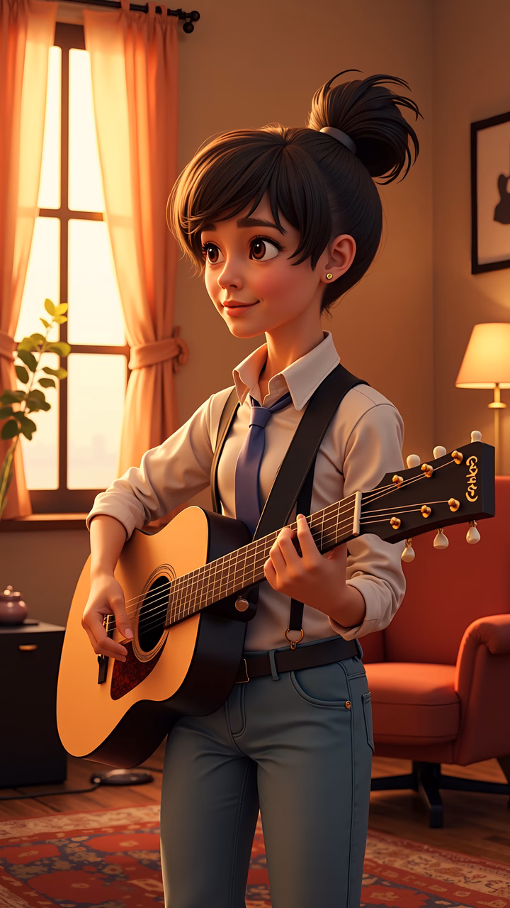 A girl playing guitar in a warmly lit room, creating a cozy and inviting atmosphere.