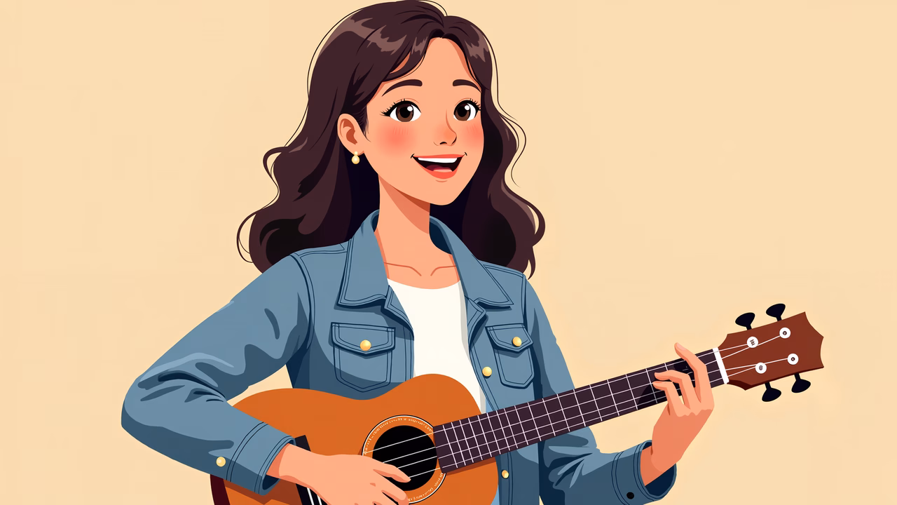 A joyful girl playing guitar in a warm, inviting illustration.