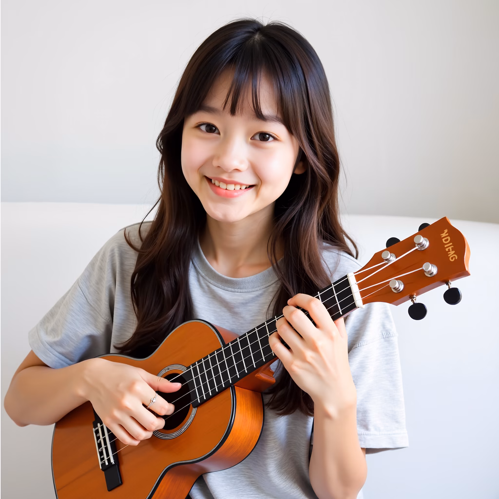 Brightly smiling girl playing ukulele against a white backdrop.