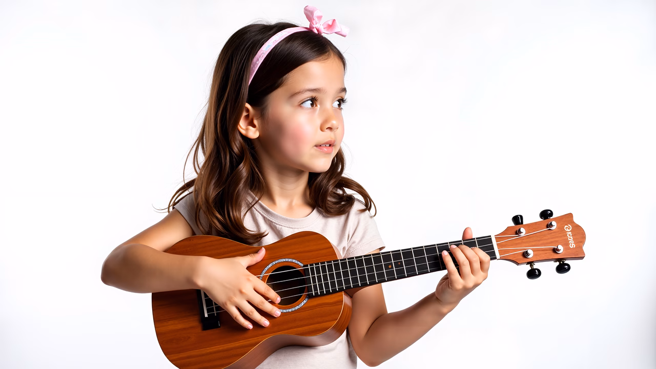 A young girl playing a ukulele against a white backdrop, evoking a sense of innocence and musical exploration.