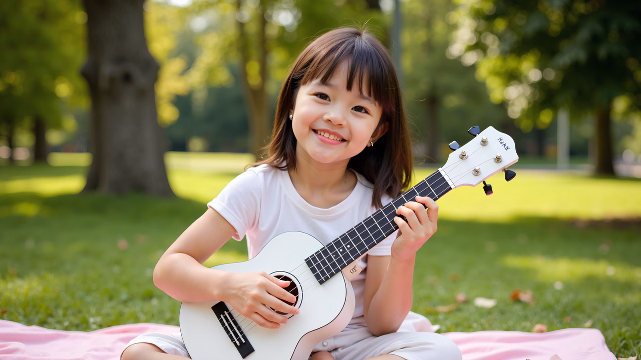 Bright-eyed girl playing ukulele in a sunny park.