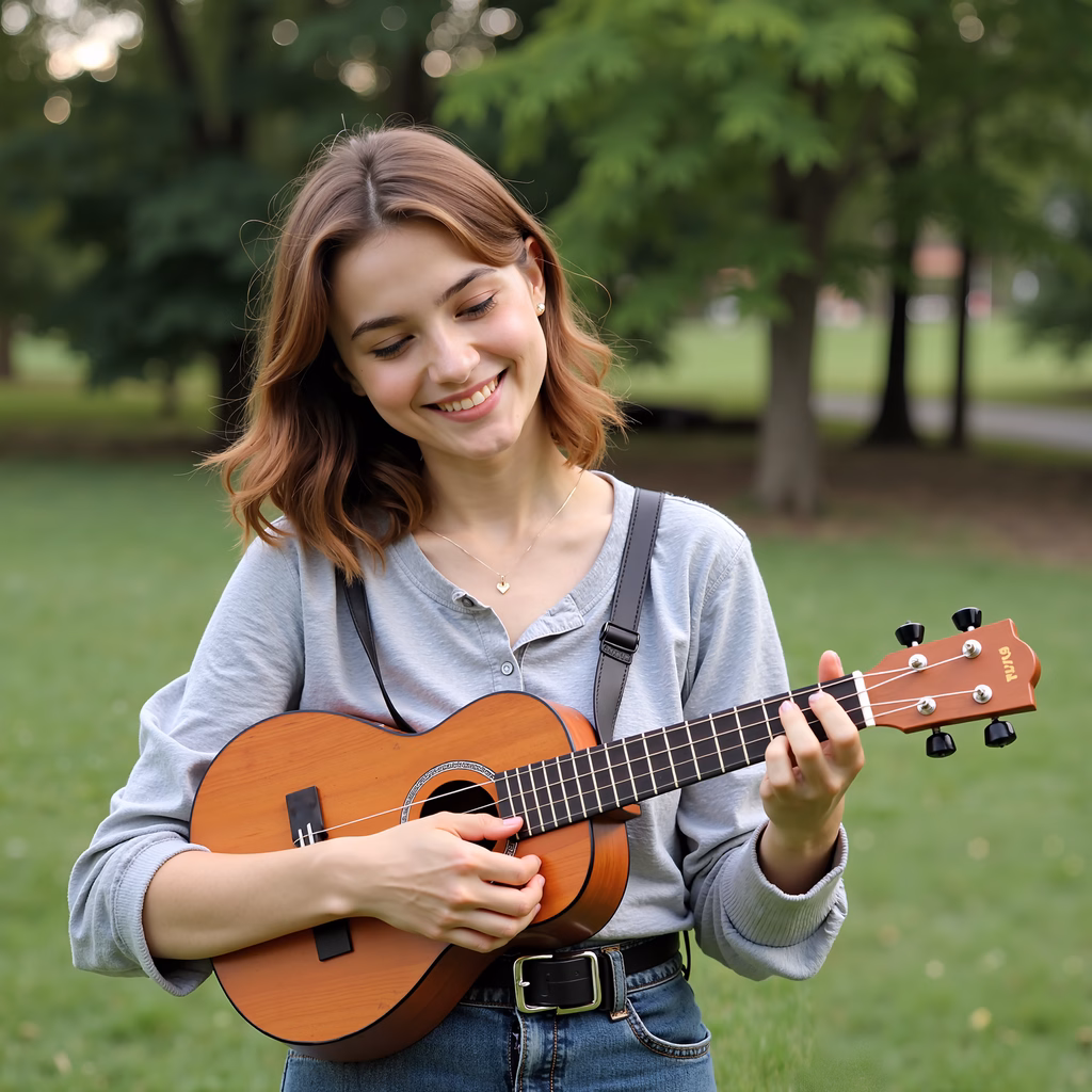 A cheerful girl playing ukulele in a scenic outdoor setting.