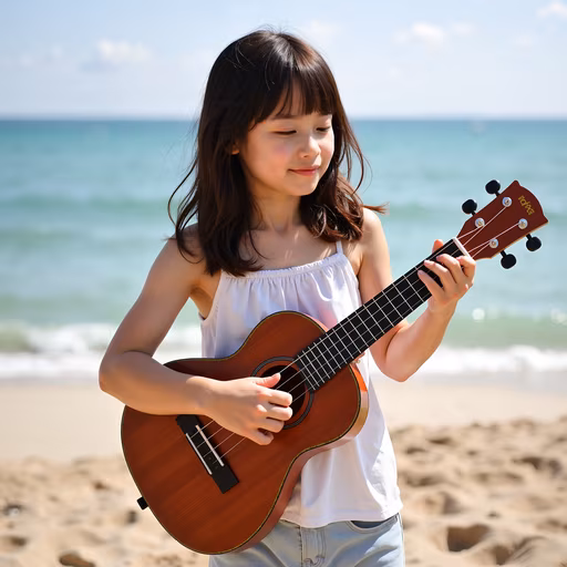 Girl Playing Ukulele on Beach