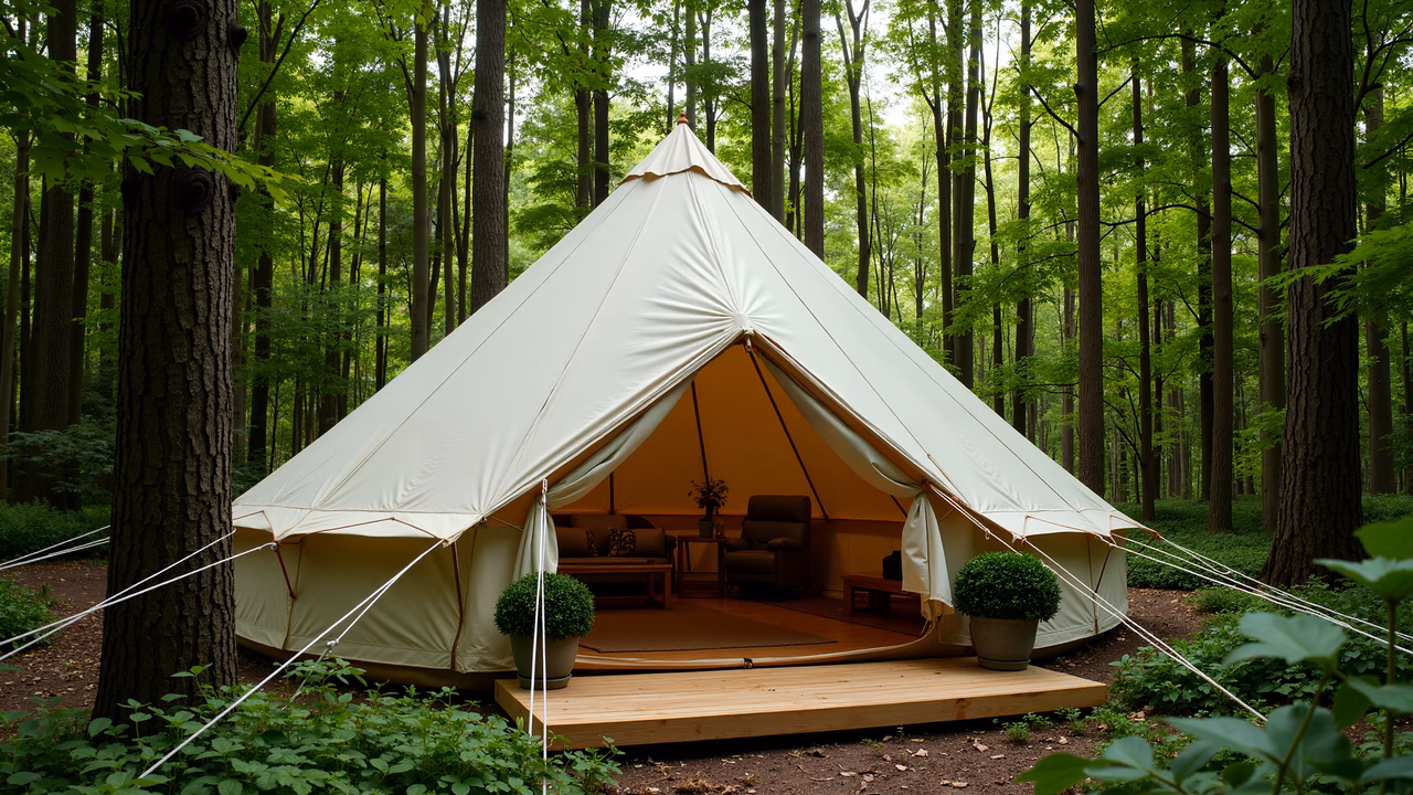 Luxury glamping tent in a tranquil forest setting.