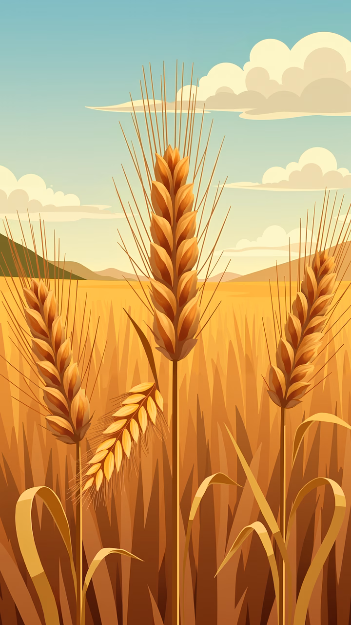 A tranquil wheat field under a clear sky, featuring golden hues and soft hills.