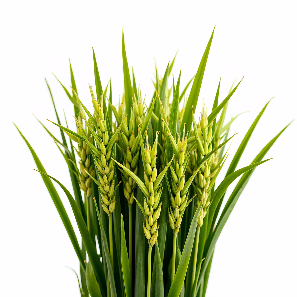 Close-up of green wheat stalks with unripe grains on a white background.