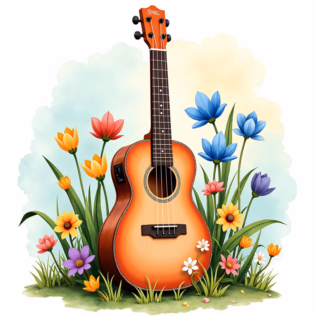 A guitar surrounded by a colorful bouquet of flowers, evoking a joyful and serene vibe.
