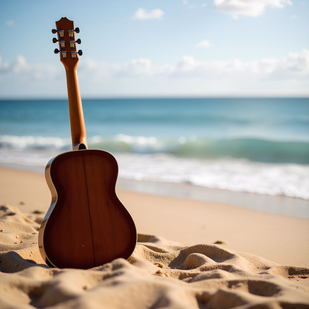 A guitar on the beach, serene ocean, clear sky, soft light, natural textures, smooth curves, gentle waves, tranquil atmosphere.
