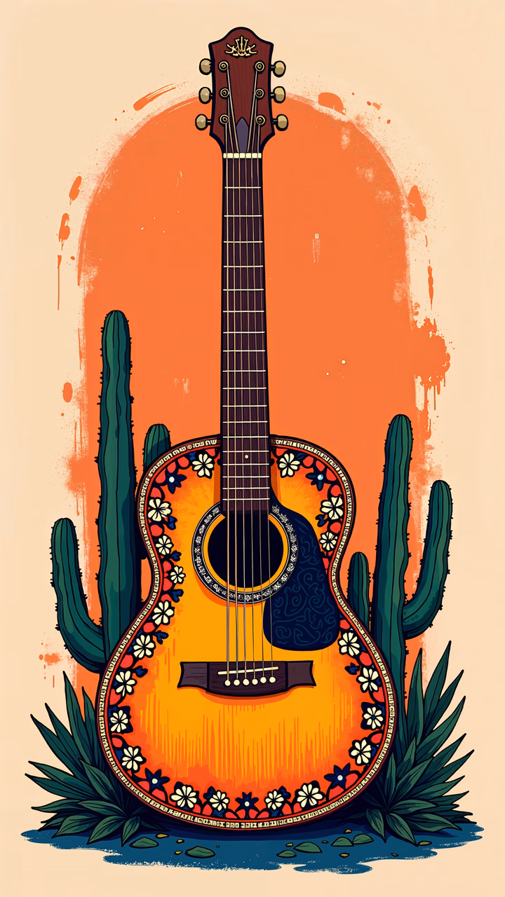 Vibrant guitar illustration with floral patterns and cacti, inspired by Mexican folk art.