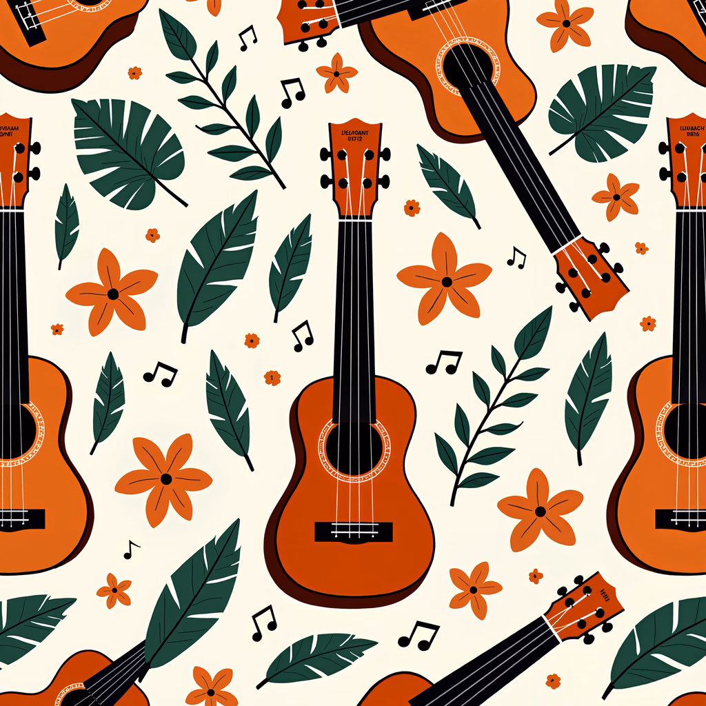 Vibrant guitars and leaves illustration with musical notes and warm colors.