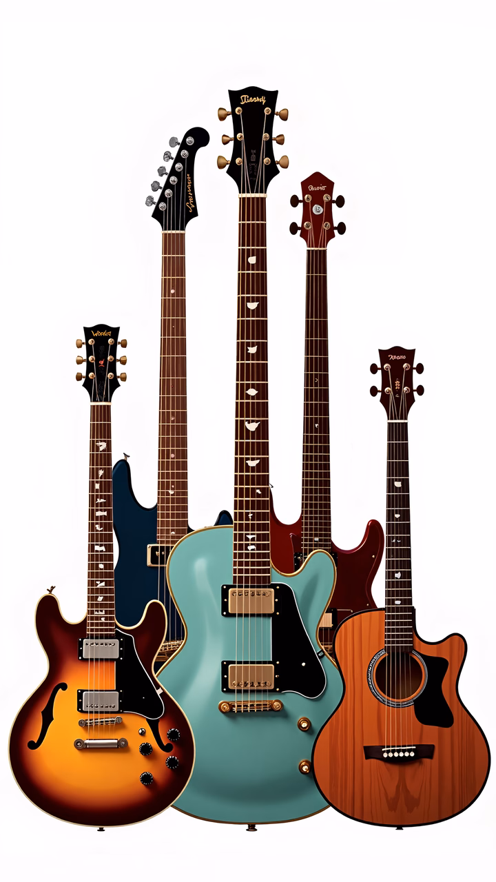 A vibrant collection of guitars in various designs and colors.
