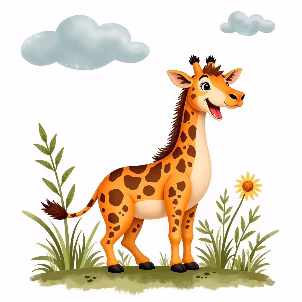A smiling giraffe in a vibrant, playful setting.